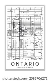 Printable downtown road map poster of the USA city of ONTARIO on solid white background with city name