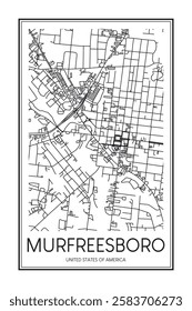 Printable downtown road map poster of the USA city of MURFREESBORO on solid white background with city name