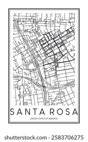 Printable downtown road map poster of the USA city of SANTA ROSA on solid white background with city name