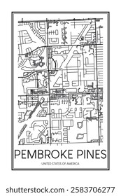 Printable downtown road map poster of the USA city of PEMBROKE PINES on solid white background with city name