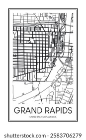 Printable downtown road map poster of the USA city of GRAND RAPIDS on solid white background with city name