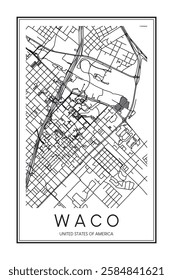 Printable downtown road map poster of the USA city of WACO on solid white background with city name