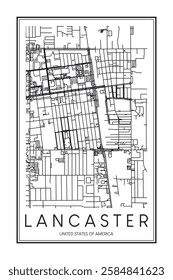 Printable downtown road map poster of the USA city of LANCASTER on solid white background with city name