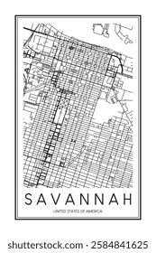 Printable downtown road map poster of the USA city of SAVANNAH on solid white background with city name