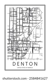 Printable downtown road map poster of the USA city of DENTON on solid white background with city name