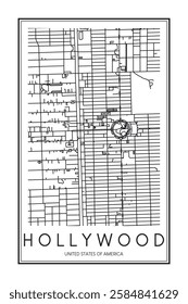 Printable downtown road map poster of the USA city of HOLLYWOOD on solid white background with city name