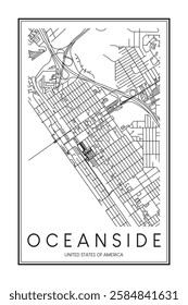 Printable downtown road map poster of the USA city of OCEANSIDE on solid white background with city name