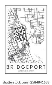 Printable downtown road map poster of the USA city of BRIDGEPORT on solid white background with city name