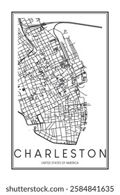 Printable downtown road map poster of the USA city of CHARLESTON on solid white background with city name