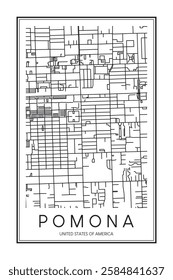 Printable downtown road map poster of the USA city of POMONA on solid white background with city name