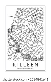 Printable downtown road map poster of the USA city of KILLEEN on solid white background with city name