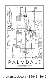 Printable downtown road map poster of the USA city of PALMDALE on solid white background with city name