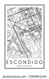 Printable downtown road map poster of the USA city of ESCONDIDO on solid white background with city name