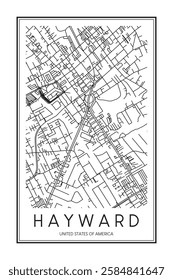 Printable downtown road map poster of the USA city of HAYWARD on solid white background with city name