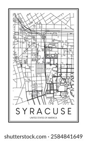 Printable downtown road map poster of the USA city of SYRACUSE on solid white background with city name