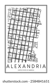 Printable downtown road map poster of the USA city of ALEXANDRIA on solid white background with city name