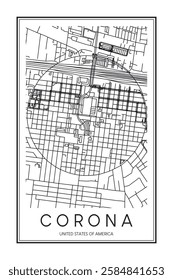 Printable downtown road map poster of the USA city of CORONA on solid white background with city name