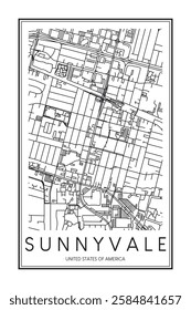 Printable downtown road map poster of the USA city of SUNNYVALE on solid white background with city name