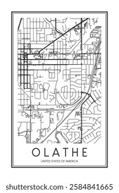 Printable downtown road map poster of the USA city of OLATHE on solid white background with city name