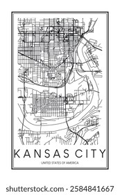 Printable downtown road map poster of the USA city of KANSAS CITY on solid white background with city name