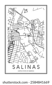 Printable downtown road map poster of the USA city of SALINAS on solid white background with city name