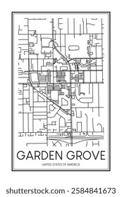 Printable downtown road map poster of the USA city of GARDEN GROVE on solid white background with city name