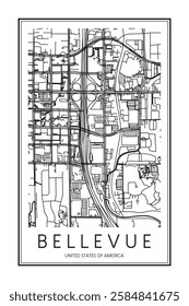 Printable downtown road map poster of the USA city of BELLEVUE on solid white background with city name