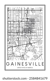 Printable downtown road map poster of the USA city of GAINESVILLE on solid white background with city name