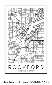 Printable downtown road map poster of the USA city of ROCKFORD on solid white background with city name