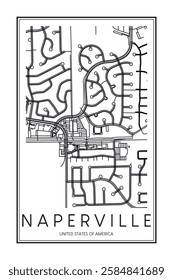 Printable downtown road map poster of the USA city of NAPERVILLE on solid white background with city name