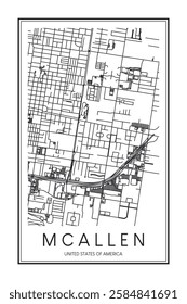 Printable downtown road map poster of the USA city of MCALLEN on solid white background with city name