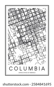 Printable downtown road map poster of the USA city of COLUMBIA on solid white background with city name