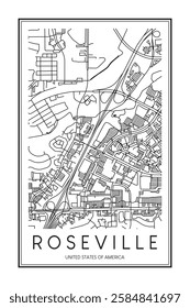 Printable downtown road map poster of the USA city of ROSEVILLE on solid white background with city name