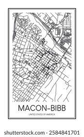 Printable downtown road map poster of the USA city of MACON-BIBB on solid white background with city name