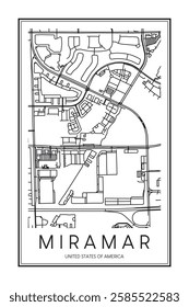 Printable downtown road map poster of the USA town of MIRAMAR on solid white background with city name