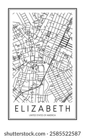 Printable downtown road map poster of the USA town of ELIZABETH on solid white background with city name