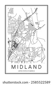 Printable downtown road map poster of the USA town of MIDLAND on solid white background with city name