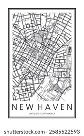 Printable downtown road map poster of the USA town of NEW HAVEN on solid white background with city name