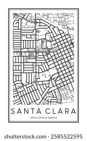 Printable downtown road map poster of the USA town of SANTA CLARA on solid white background with city name