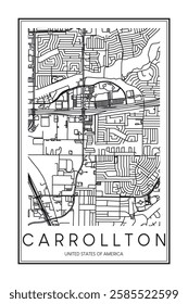 Printable downtown road map poster of the USA town of CARROLLTON on solid white background with city name