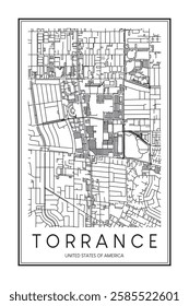 Printable downtown road map poster of the USA town of TORRANCE on solid white background with city name