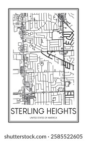 Printable downtown road map poster of the USA town of STERLING HEIGHTS on solid white background with city name