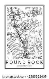 Printable downtown road map poster of the USA town of ROUND ROCK on solid white background with city name