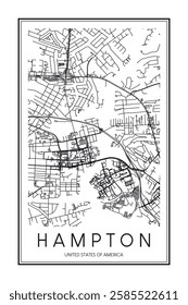 Printable downtown road map poster of the USA town of HAMPTON on solid white background with city name