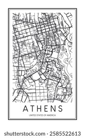 Printable downtown road map poster of the USA town of ATHENS on solid white background with city name