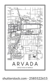 Printable downtown road map poster of the USA town of ARVADA on solid white background with city name