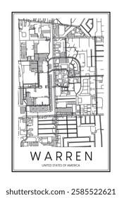 Printable downtown road map poster of the USA town of WARREN on solid white background with city name