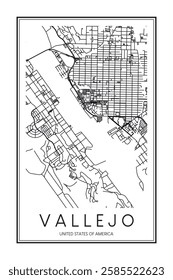 Printable downtown road map poster of the USA town of VALLEJO on solid white background with city name