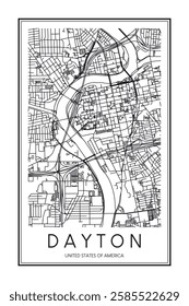 Printable downtown road map poster of the USA town of DAYTON on solid white background with city name