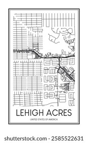 Printable downtown road map poster of the USA town of LEHIGH ACRES on solid white background with city name